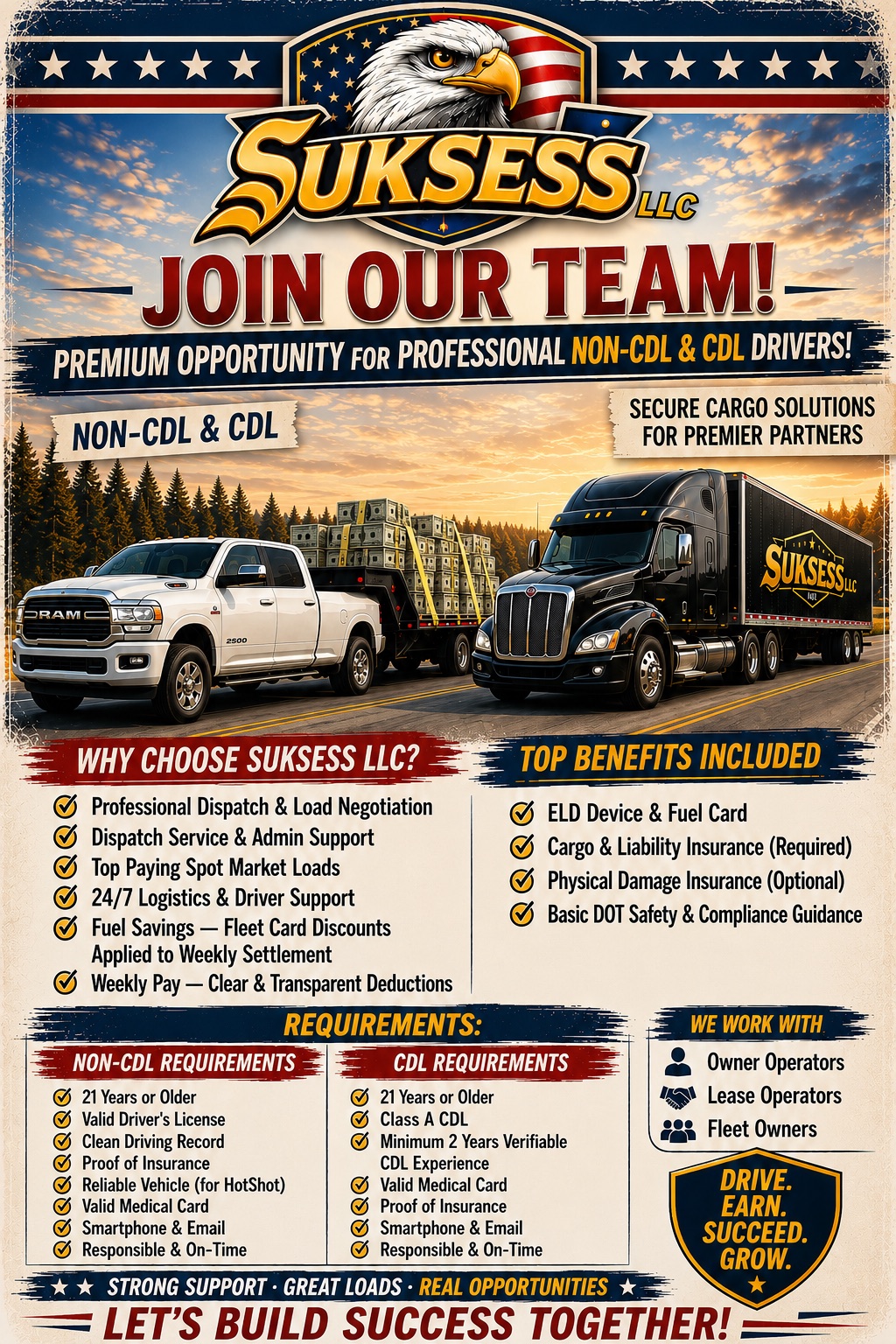 Join Our Team - Suksess LLC. Non-CDL & CDL drivers. Premium opportunity for professional drivers, owner operators, lease operators and fleet owners.
